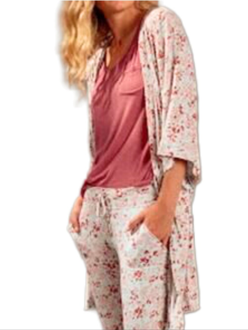 Prana Rose Tank with Cream Floral Robe & Pants Set